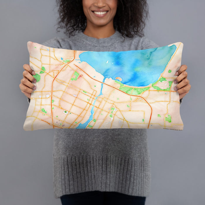 Person holding 20x12 Custom Green Bay Wisconsin Map Throw Pillow in Watercolor