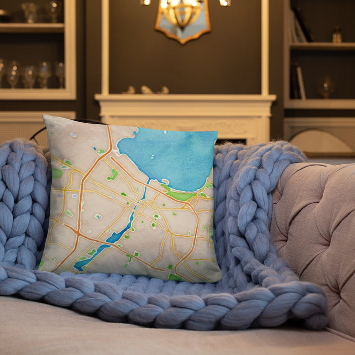 Custom Green Bay Wisconsin Map Throw Pillow in Watercolor on Cream Colored Couch