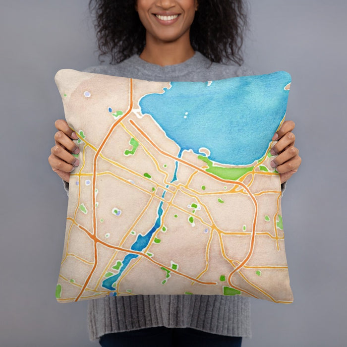 Person holding 18x18 Custom Green Bay Wisconsin Map Throw Pillow in Watercolor