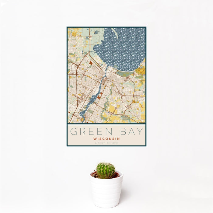 12x18 Green Bay Wisconsin Map Print Portrait Orientation in Woodblock Style With Small Cactus Plant in White Planter