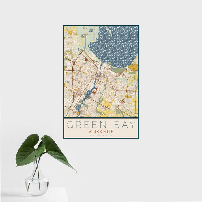 16x24 Green Bay Wisconsin Map Print Portrait Orientation in Woodblock Style With Tropical Plant Leaves in Water