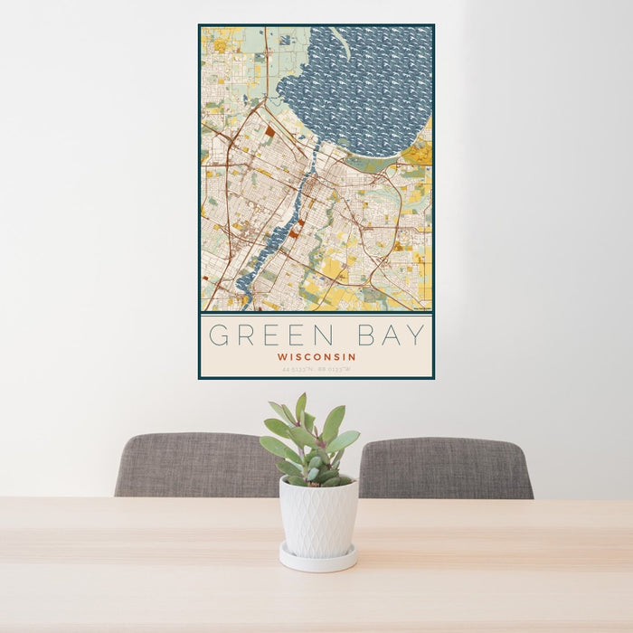 24x36 Green Bay Wisconsin Map Print Portrait Orientation in Woodblock Style Behind 2 Chairs Table and Potted Plant