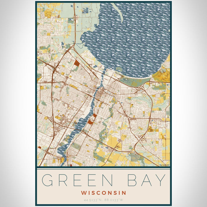 Green Bay Wisconsin Map Print Portrait Orientation in Woodblock Style With Shaded Background