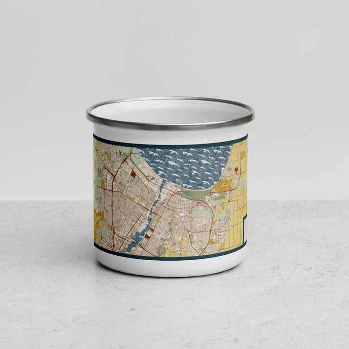 Front View Custom Green Bay Wisconsin Map Enamel Mug in Woodblock