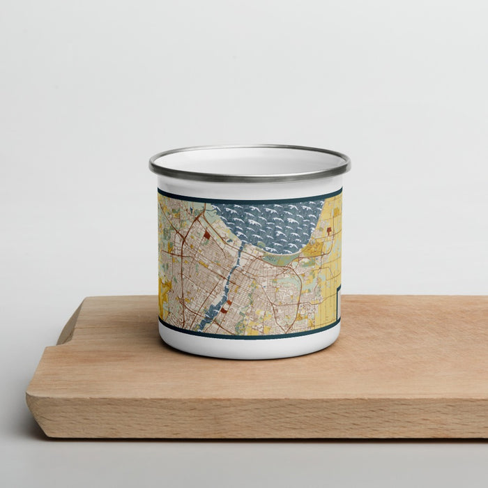 Front View Custom Green Bay Wisconsin Map Enamel Mug in Woodblock on Cutting Board