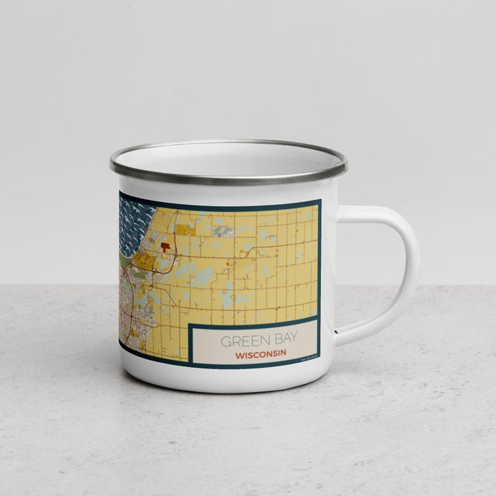 Right View Custom Green Bay Wisconsin Map Enamel Mug in Woodblock