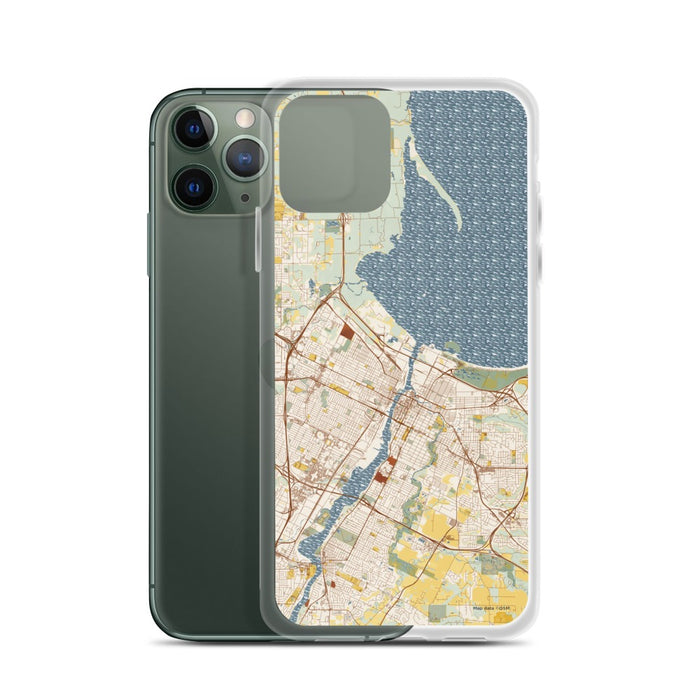 Custom Green Bay Wisconsin Map Phone Case in Woodblock on Table with Laptop and Plant