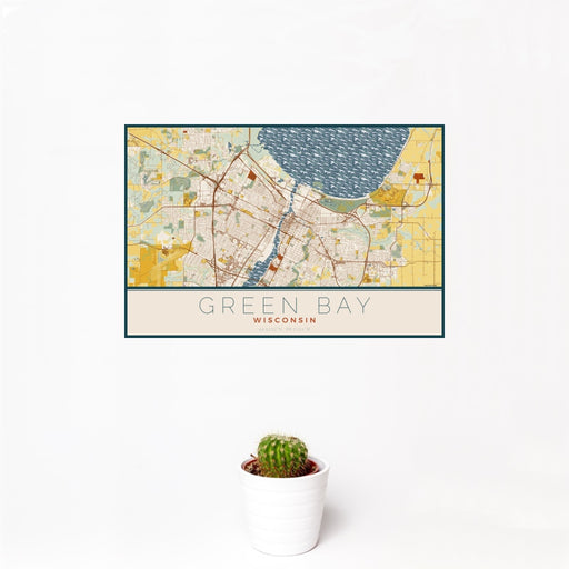 12x18 Green Bay Wisconsin Map Print Landscape Orientation in Woodblock Style With Small Cactus Plant in White Planter