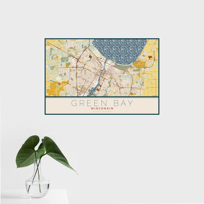16x24 Green Bay Wisconsin Map Print Landscape Orientation in Woodblock Style With Tropical Plant Leaves in Water