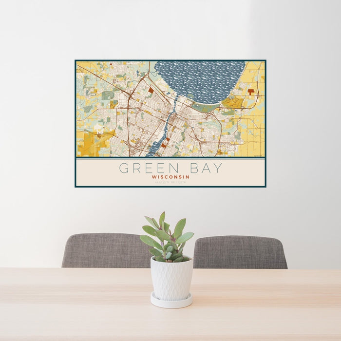 24x36 Green Bay Wisconsin Map Print Landscape Orientation in Woodblock Style Behind 2 Chairs Table and Potted Plant