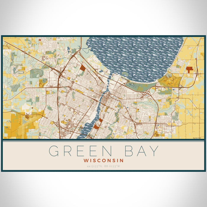 Green Bay Wisconsin Map Print Landscape Orientation in Woodblock Style With Shaded Background