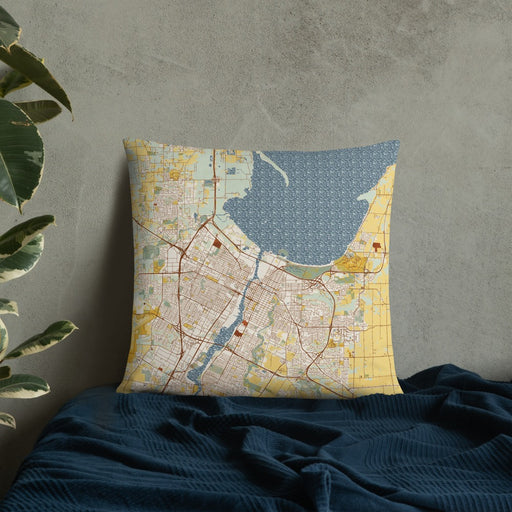 Custom Green Bay Wisconsin Map Throw Pillow in Woodblock on Bedding Against Wall