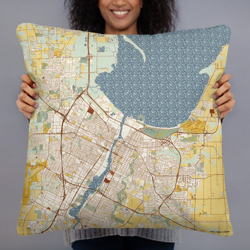 Person holding 22x22 Custom Green Bay Wisconsin Map Throw Pillow in Woodblock