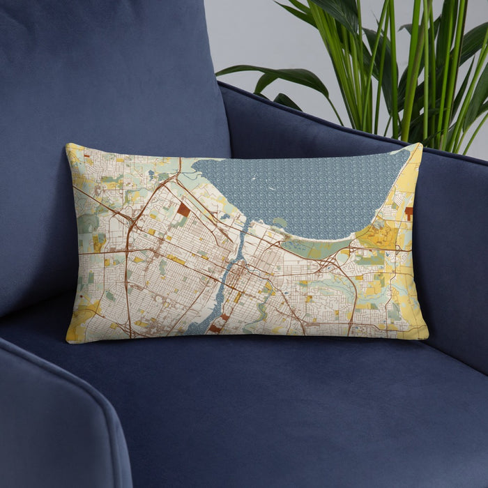 Custom Green Bay Wisconsin Map Throw Pillow in Woodblock on Blue Colored Chair