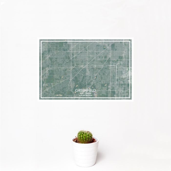 12x18 Greenfield Wisconsin Map Print Landscape Orientation in Afternoon Style With Small Cactus Plant in White Planter