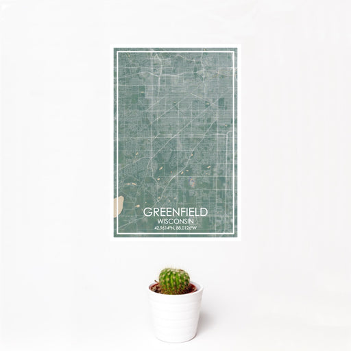 12x18 Greenfield Wisconsin Map Print Portrait Orientation in Afternoon Style With Small Cactus Plant in White Planter