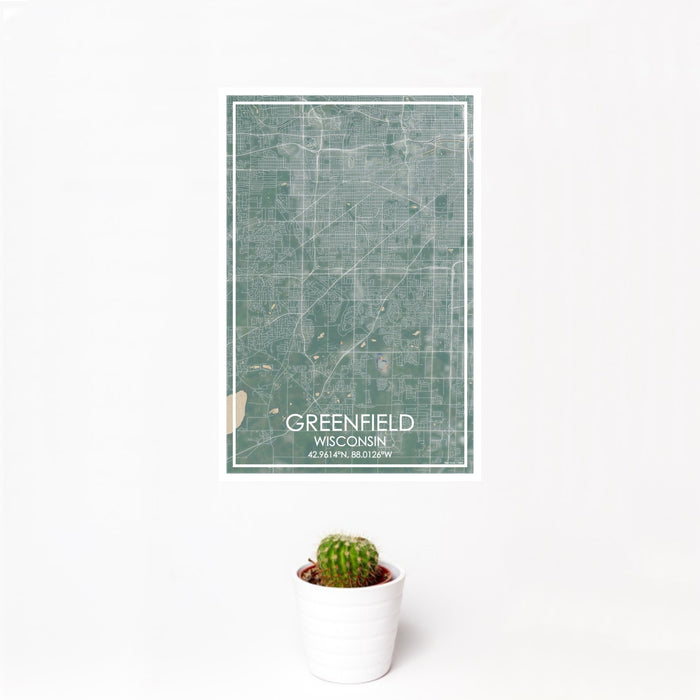 12x18 Greenfield Wisconsin Map Print Portrait Orientation in Afternoon Style With Small Cactus Plant in White Planter