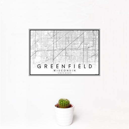 12x18 Greenfield Wisconsin Map Print Landscape Orientation in Classic Style With Small Cactus Plant in White Planter