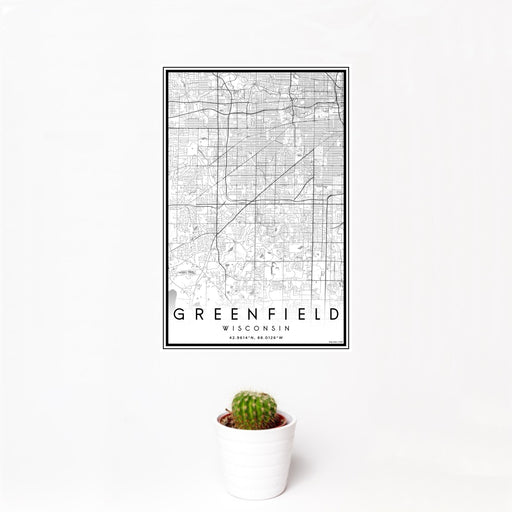 12x18 Greenfield Wisconsin Map Print Portrait Orientation in Classic Style With Small Cactus Plant in White Planter