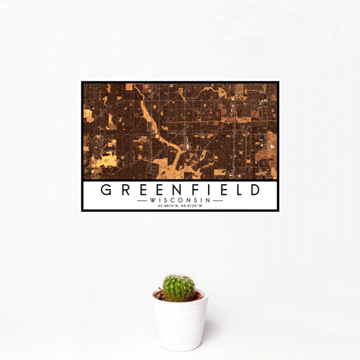 12x18 Greenfield Wisconsin Map Print Landscape Orientation in Ember Style With Small Cactus Plant in White Planter