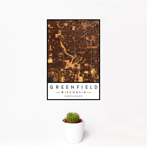 12x18 Greenfield Wisconsin Map Print Portrait Orientation in Ember Style With Small Cactus Plant in White Planter