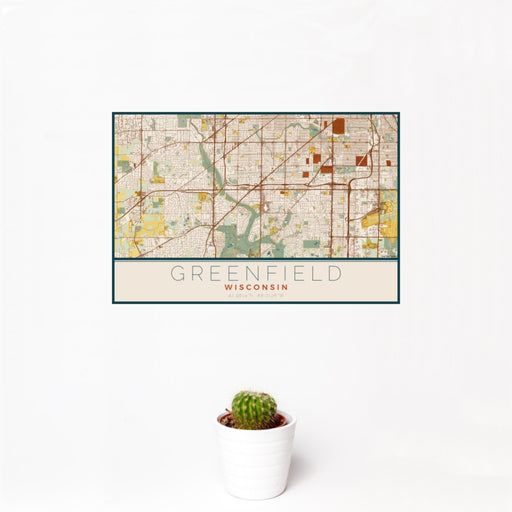 12x18 Greenfield Wisconsin Map Print Landscape Orientation in Woodblock Style With Small Cactus Plant in White Planter