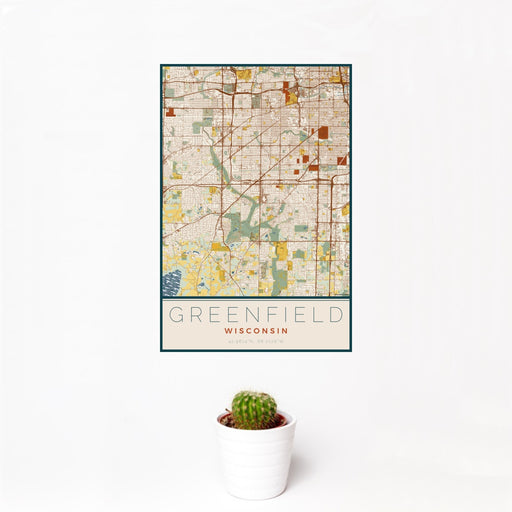 12x18 Greenfield Wisconsin Map Print Portrait Orientation in Woodblock Style With Small Cactus Plant in White Planter
