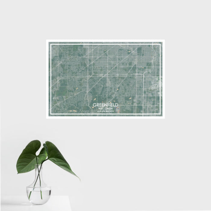 16x24 Greenfield Wisconsin Map Print Landscape Orientation in Afternoon Style With Tropical Plant Leaves in Water