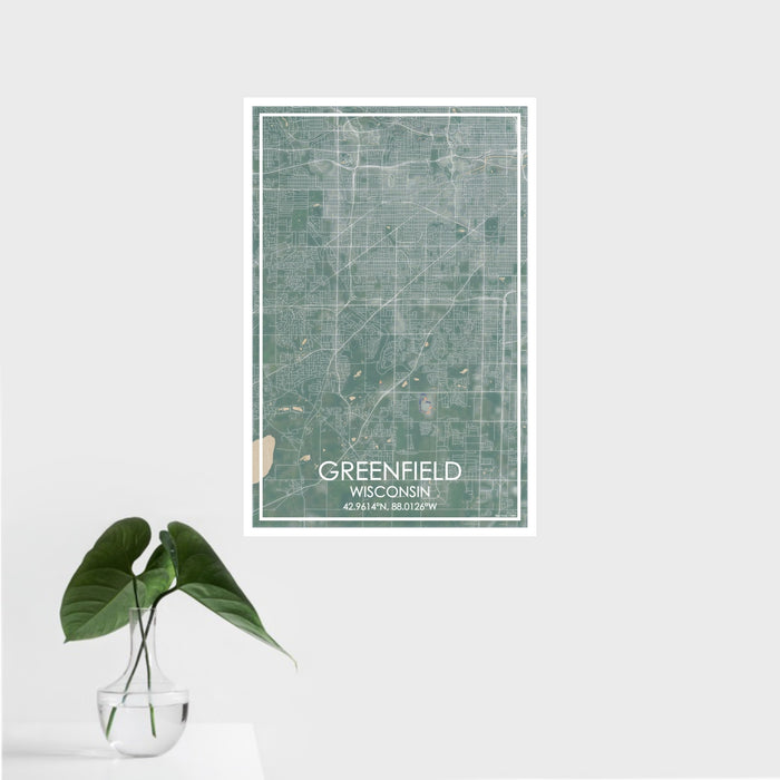 16x24 Greenfield Wisconsin Map Print Portrait Orientation in Afternoon Style With Tropical Plant Leaves in Water
