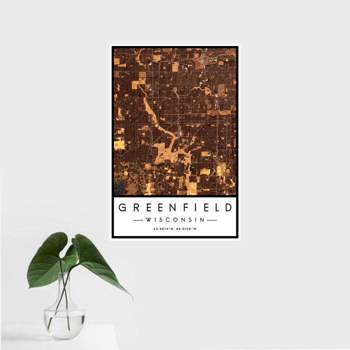 16x24 Greenfield Wisconsin Map Print Portrait Orientation in Ember Style With Tropical Plant Leaves in Water