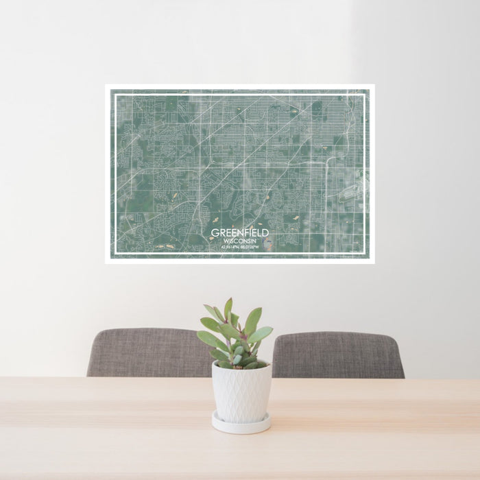 24x36 Greenfield Wisconsin Map Print Lanscape Orientation in Afternoon Style Behind 2 Chairs Table and Potted Plant