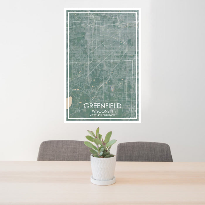 24x36 Greenfield Wisconsin Map Print Portrait Orientation in Afternoon Style Behind 2 Chairs Table and Potted Plant