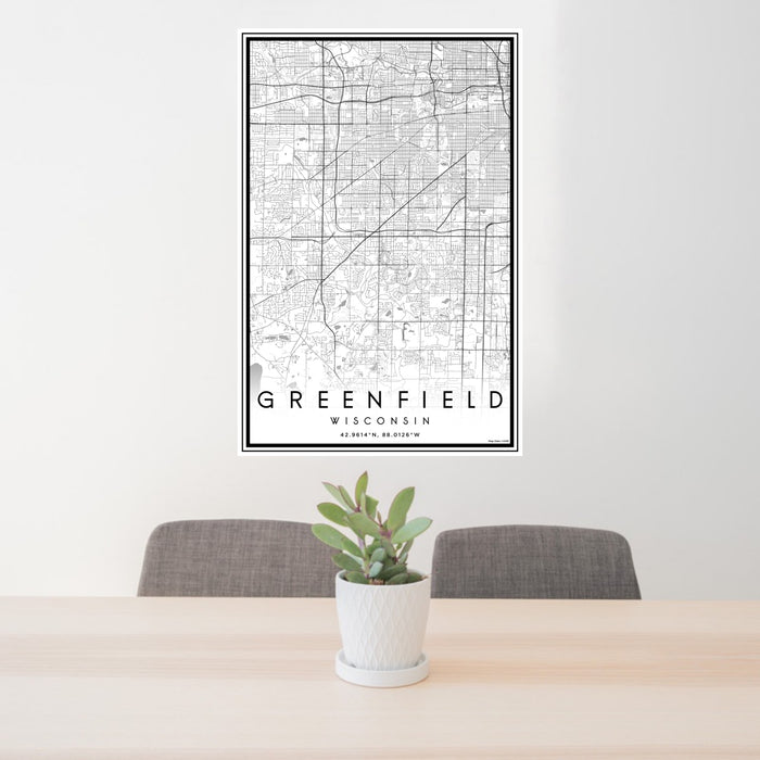 24x36 Greenfield Wisconsin Map Print Portrait Orientation in Classic Style Behind 2 Chairs Table and Potted Plant