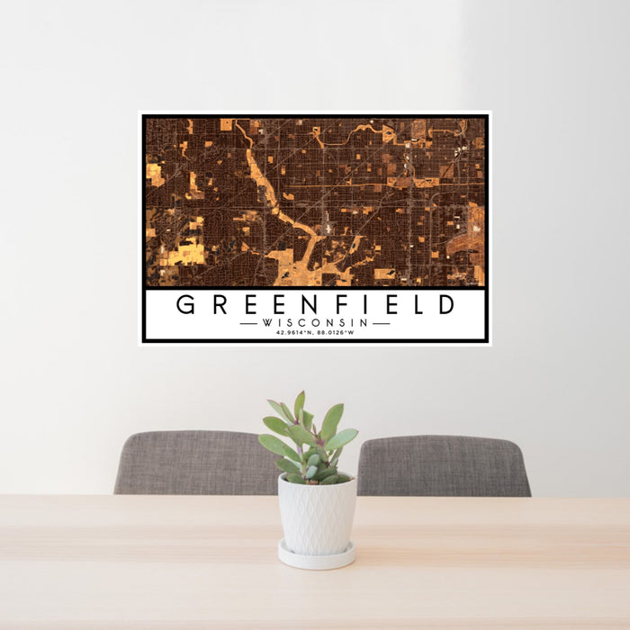 24x36 Greenfield Wisconsin Map Print Lanscape Orientation in Ember Style Behind 2 Chairs Table and Potted Plant