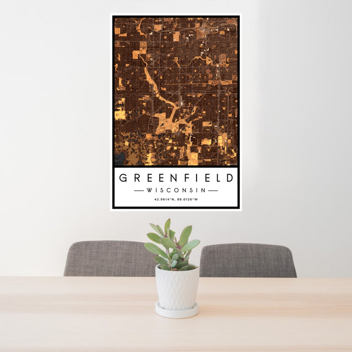 24x36 Greenfield Wisconsin Map Print Portrait Orientation in Ember Style Behind 2 Chairs Table and Potted Plant