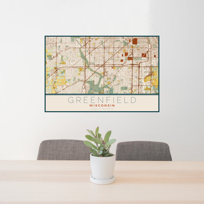 24x36 Greenfield Wisconsin Map Print Lanscape Orientation in Woodblock Style Behind 2 Chairs Table and Potted Plant