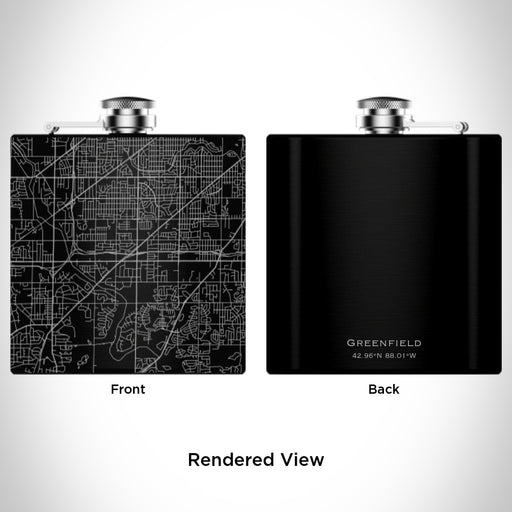 Rendered View of Greenfield Wisconsin Map Engraving on 6oz Stainless Steel Flask in Black