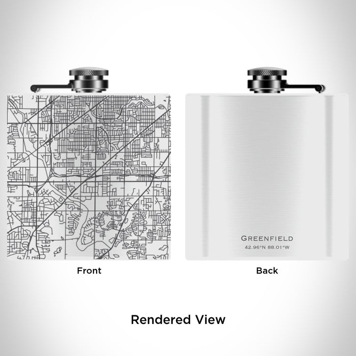 Rendered View of Greenfield Wisconsin Map Engraving on 6oz Stainless Steel Flask in White