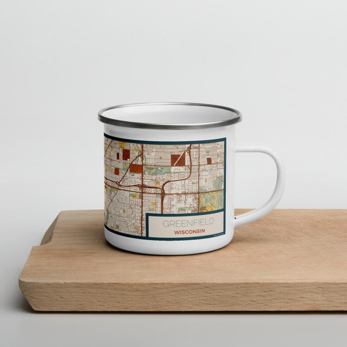 Right View Custom Greenfield Wisconsin Map Enamel Mug in Woodblock