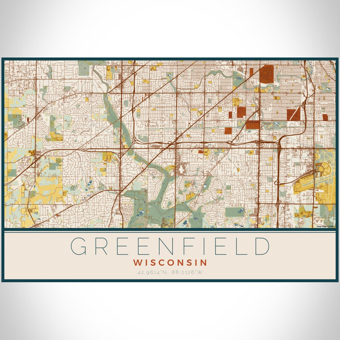 Greenfield Wisconsin Map Print Landscape Orientation in Woodblock Style With Shaded Background