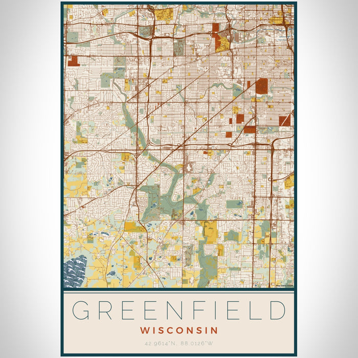 Greenfield Wisconsin Map Print Portrait Orientation in Woodblock Style With Shaded Background