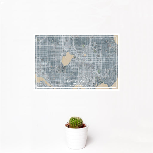 12x18 Green Lake Seattle Map Print Landscape Orientation in Afternoon Style With Small Cactus Plant in White Planter