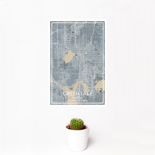 12x18 Green Lake Seattle Map Print Portrait Orientation in Afternoon Style With Small Cactus Plant in White Planter