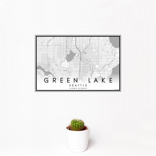 12x18 Green Lake Seattle Map Print Landscape Orientation in Classic Style With Small Cactus Plant in White Planter