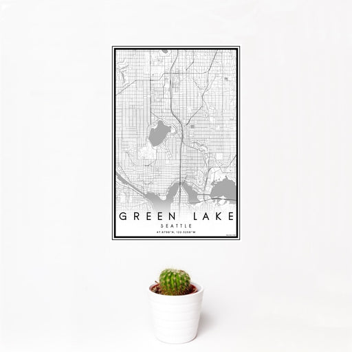 12x18 Green Lake Seattle Map Print Portrait Orientation in Classic Style With Small Cactus Plant in White Planter