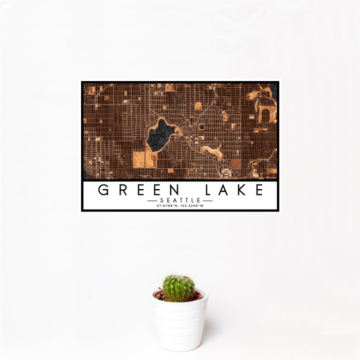 12x18 Green Lake Seattle Map Print Landscape Orientation in Ember Style With Small Cactus Plant in White Planter