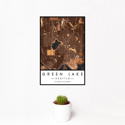 12x18 Green Lake Seattle Map Print Portrait Orientation in Ember Style With Small Cactus Plant in White Planter