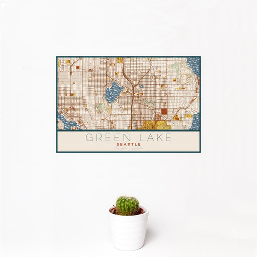 12x18 Green Lake Seattle Map Print Landscape Orientation in Woodblock Style With Small Cactus Plant in White Planter