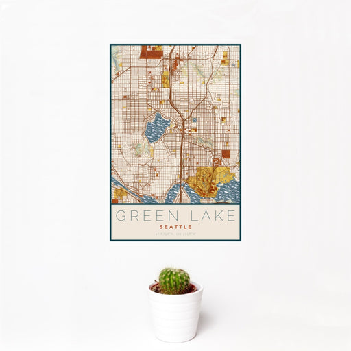 12x18 Green Lake Seattle Map Print Portrait Orientation in Woodblock Style With Small Cactus Plant in White Planter