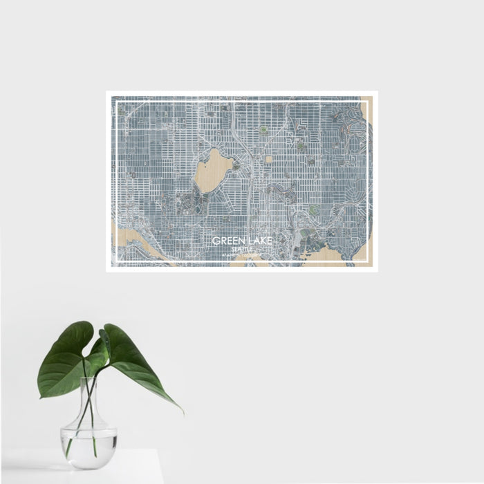 16x24 Green Lake Seattle Map Print Landscape Orientation in Afternoon Style With Tropical Plant Leaves in Water